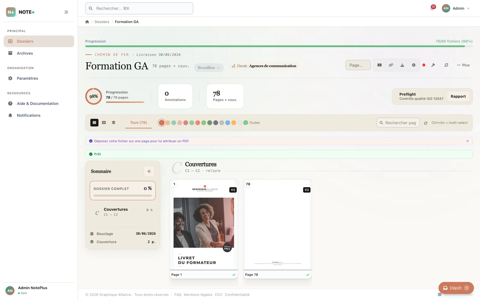 Chemin de fer Note+ : vue grille des pages avec statuts, codes couleur, progression et foliotage automatique — partagée entre agence et clients