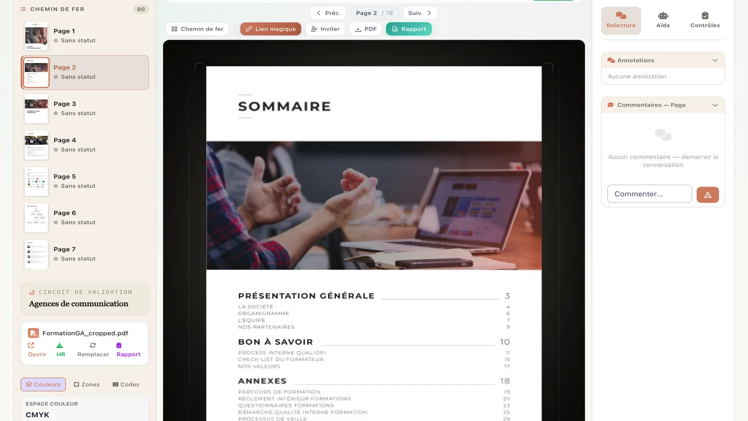 Interface Note+ : validation de document avec annotations contextuelles, statut et historique