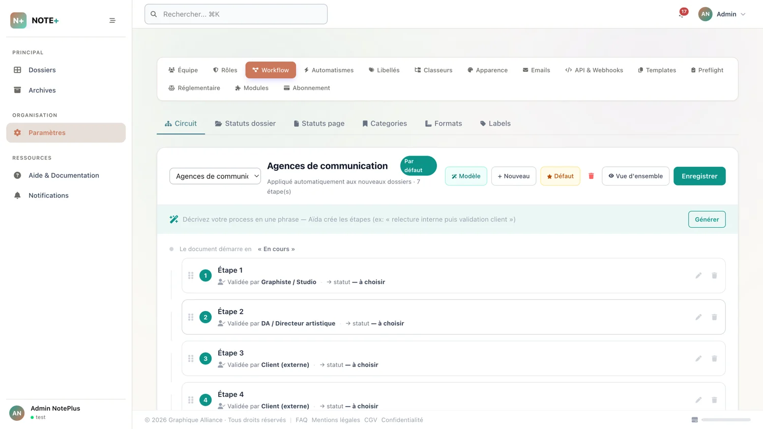 Circuit de validation Note+ — workflow visuel avec étapes, statuts et assignations