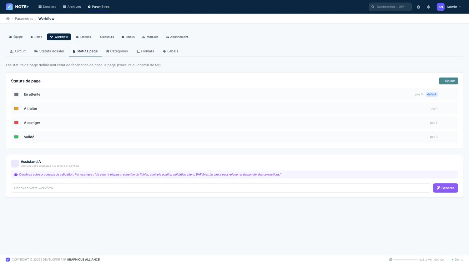 Workflow et statuts Note+ — vue des étapes de validation avec statuts dossier