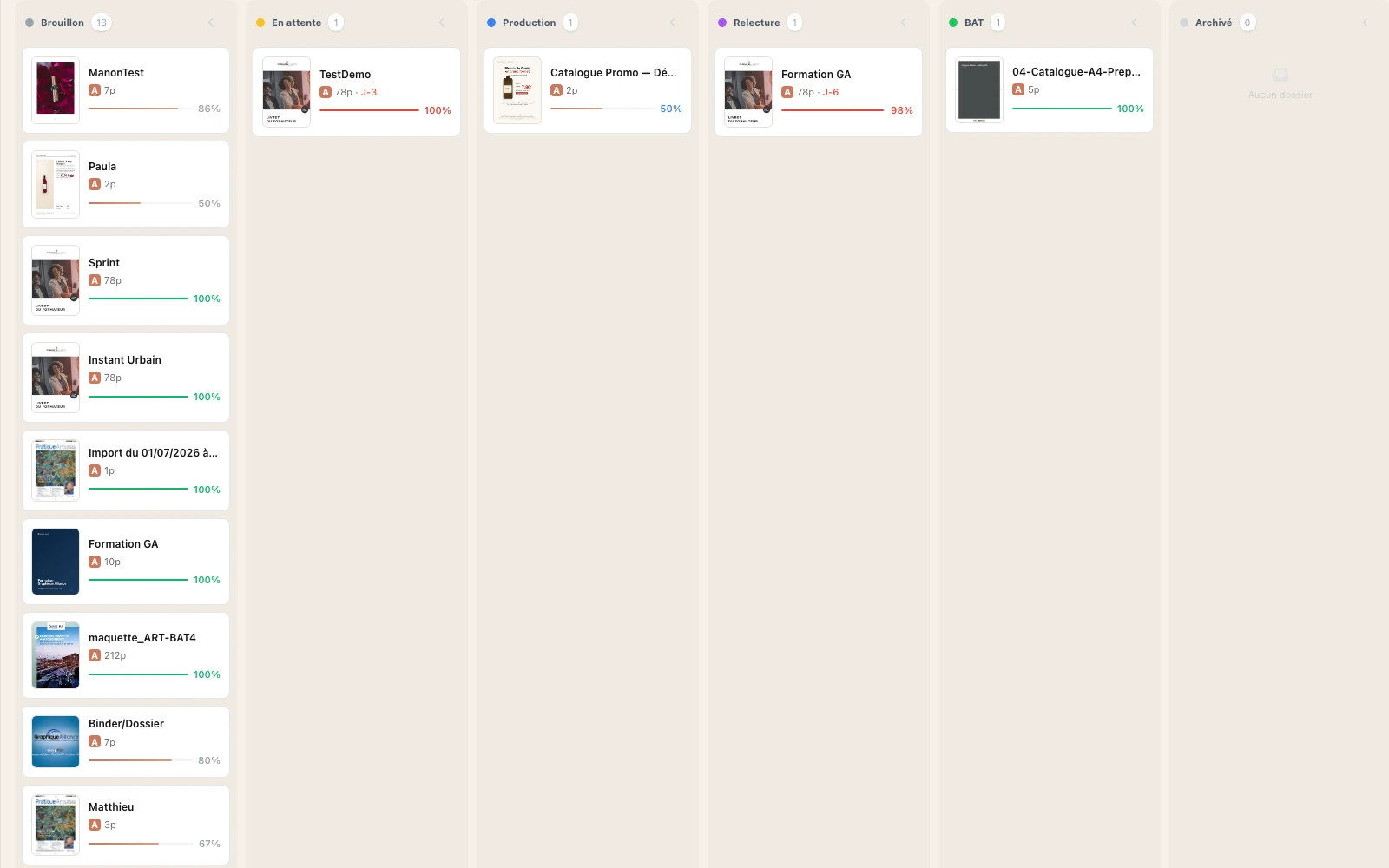 Vue d'ensemble Note+ : toutes les productions éditoriales réparties par colonnes de statut, avancement de chaque dossier en un coup d'œil