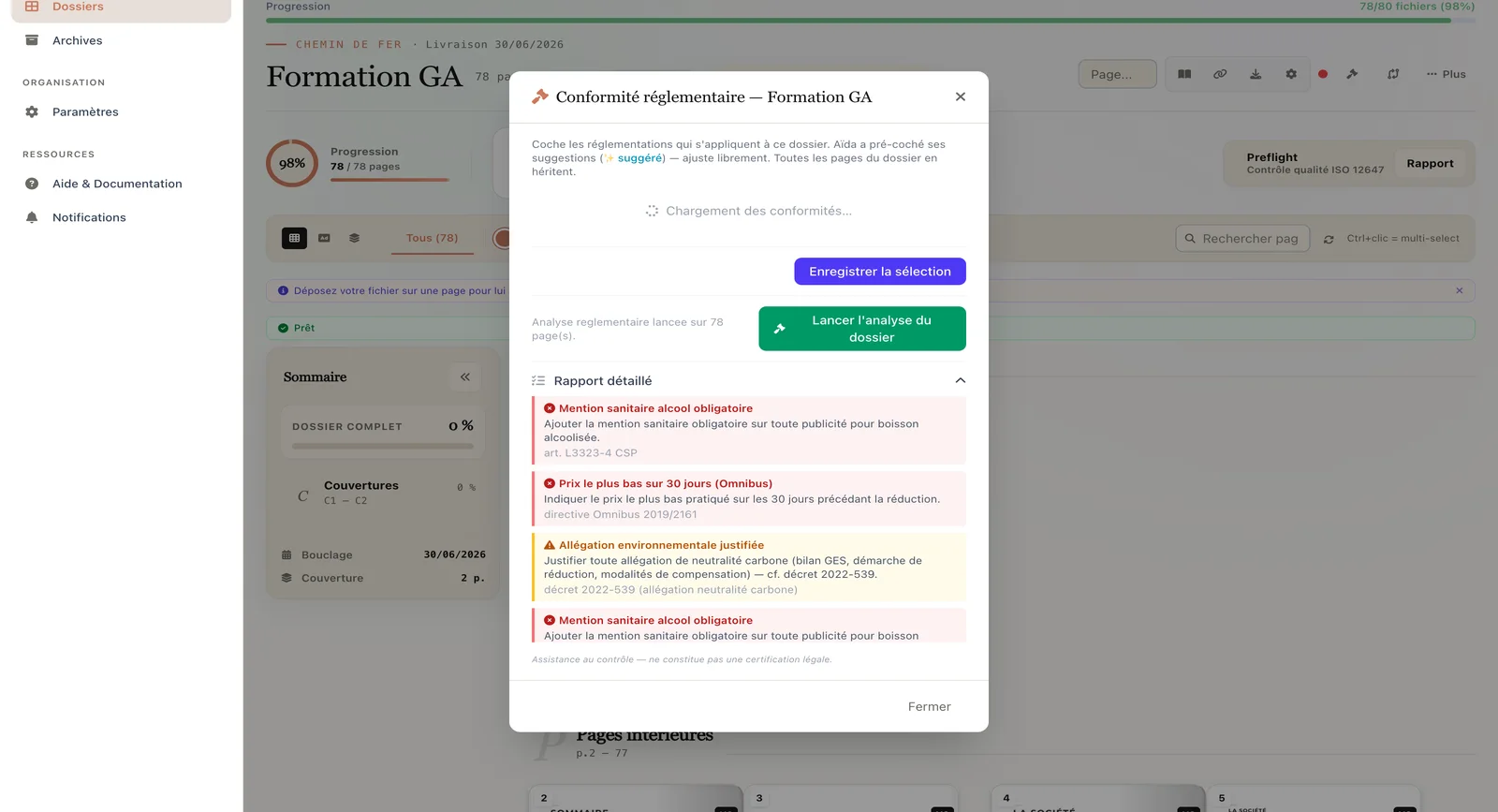 Modale « Conformité réglementaire » d'un dossier Note+ : Aïda a pré-coché les contextes détectés (Loi Évin, prix unitaire, prix barré Omnibus) avec le badge « suggéré » ; toutes les pages du dossier héritent de cette sélection.
