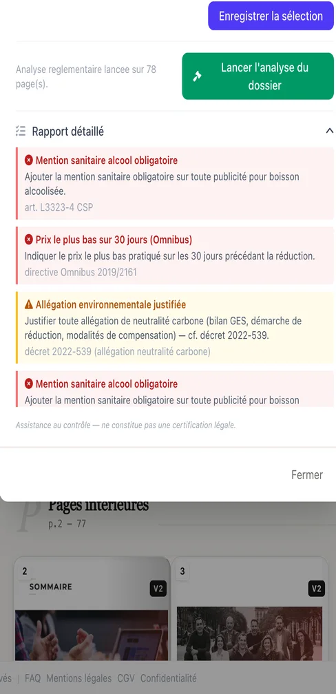 Rapport de conformité Note+ : verdict « Écarts » avec écarts détaillés — citation extraite du PDF et référence légale pour chacun.