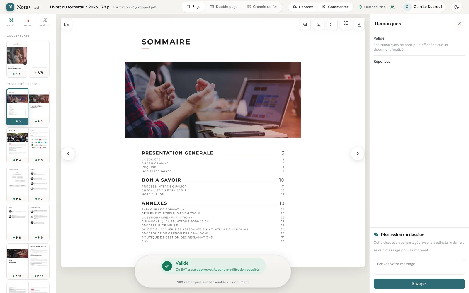 Vue du relecteur externe par lien magique Note+ : badge Lien sécurisé, indicateur « 2 personnes sur cette page », panneau Remarques et fil de Discussion du dossier partagé avec le destinataire du lien