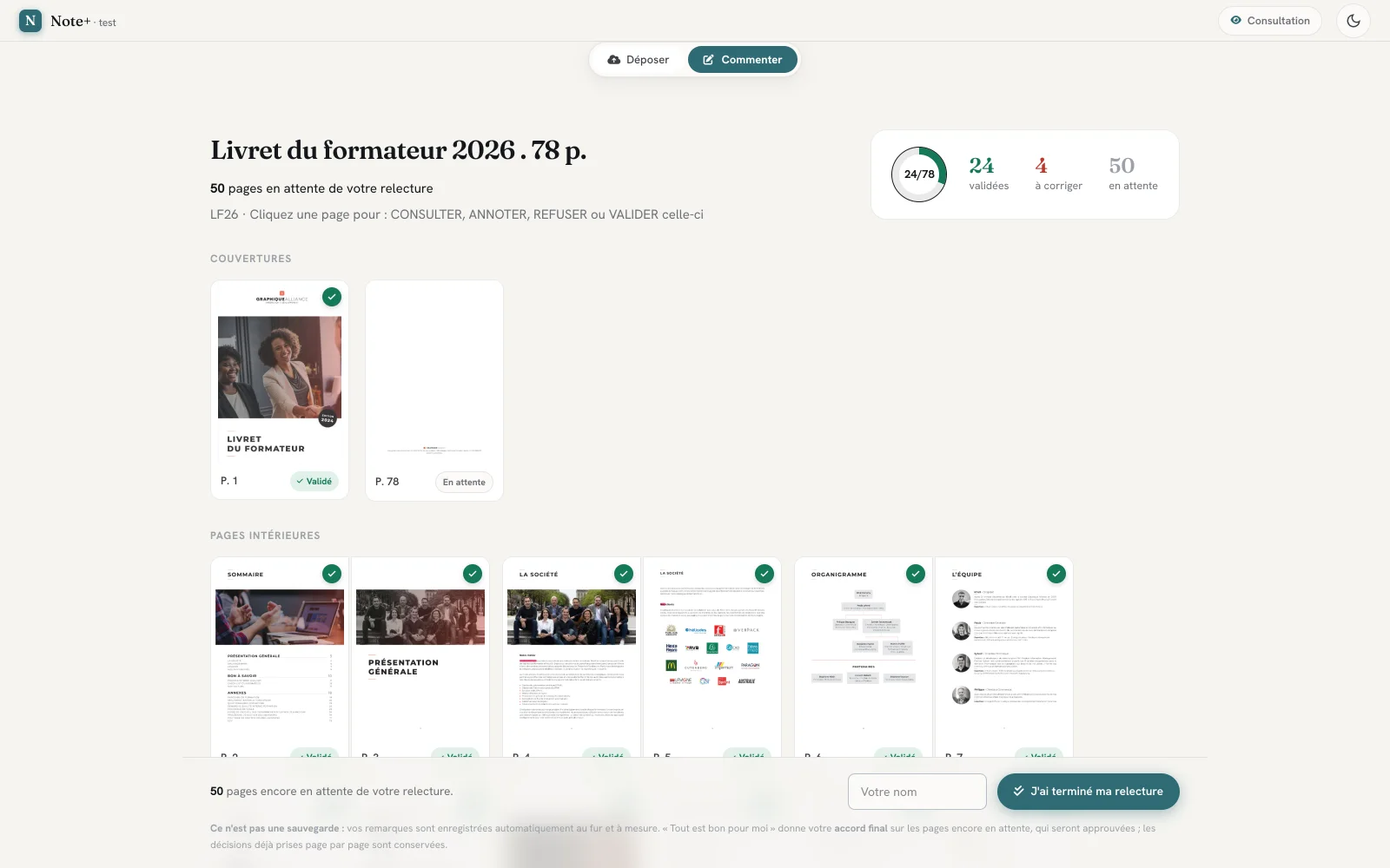 Ce que voit le client d'une agence par lien magique Note+ : suivi de relecture avec 24 pages validées, 4 à corriger, 50 en attente, vignettes de chaque page et bouton « J'ai terminé ma relecture »