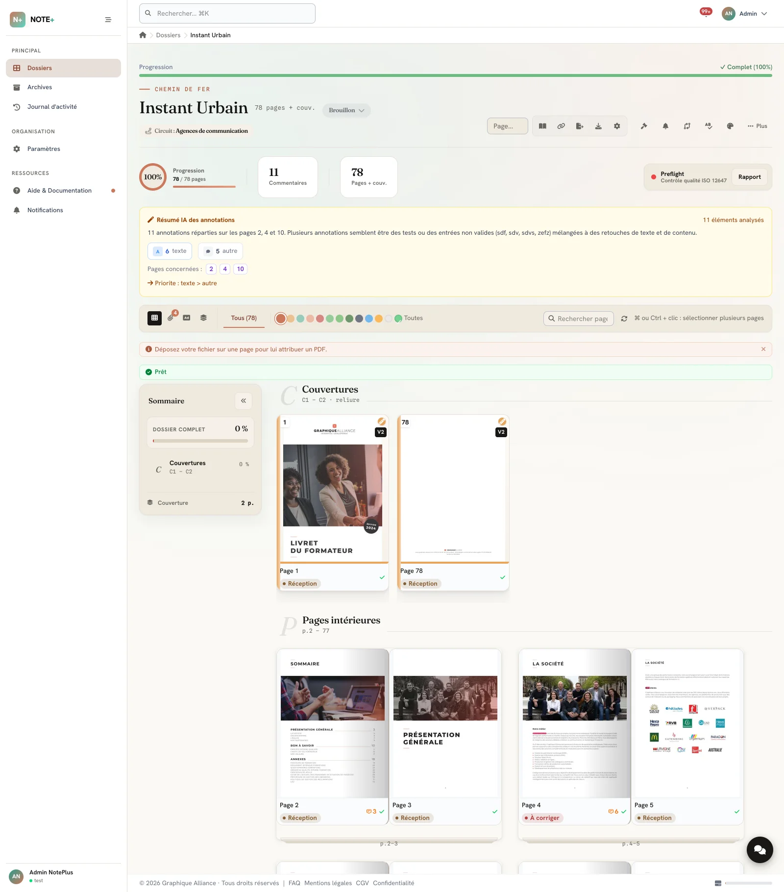Chemin de fer Note+ : couverture et pages intérieures d'un dossier réel, avec le statut et le nombre de commentaires de chaque page, et le résumé IA des annotations