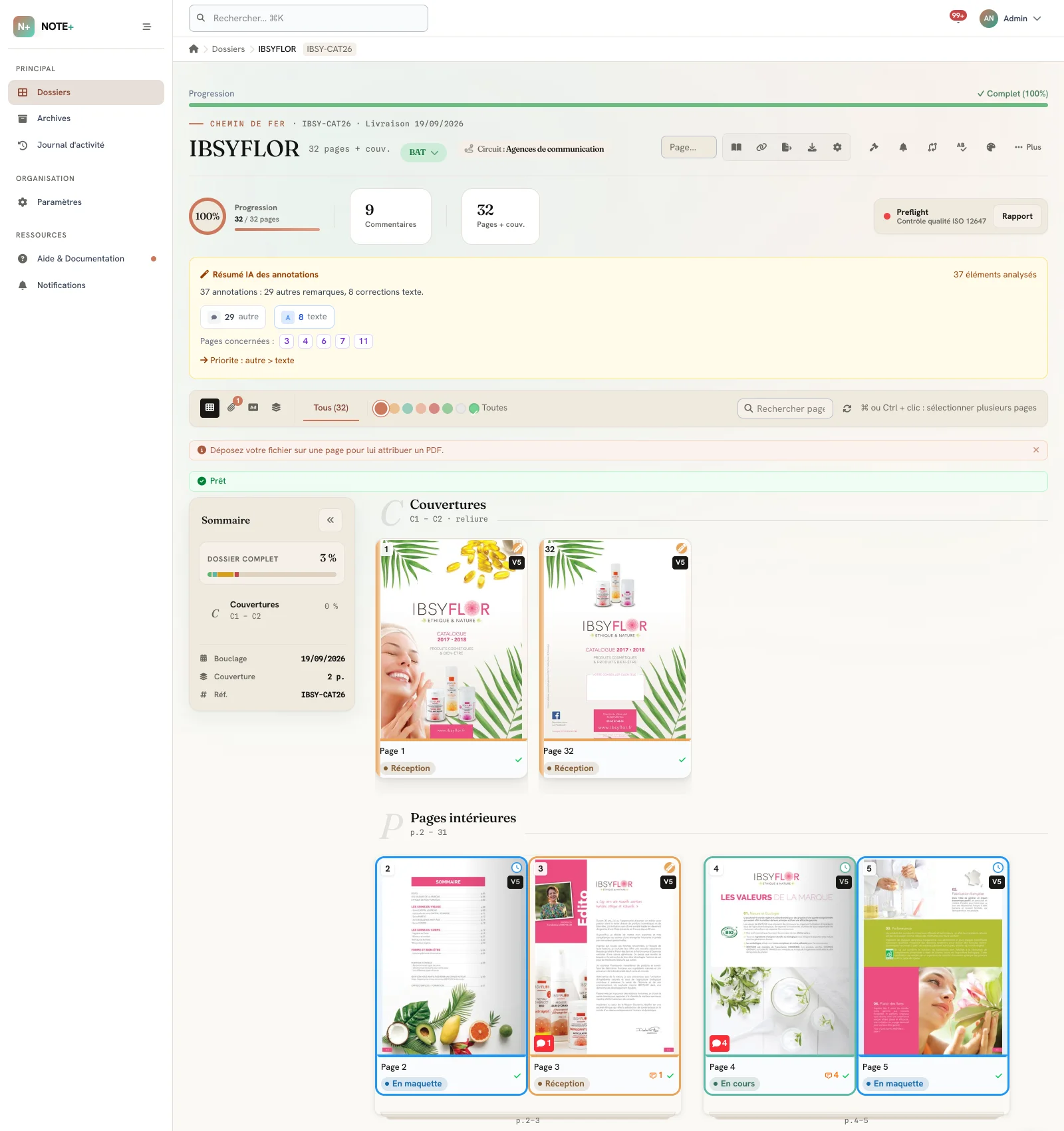 Chemin de fer du dossier IBSYFLOR : couverture et pages intérieures, chaque page avec son propre statut et son nombre de commentaires