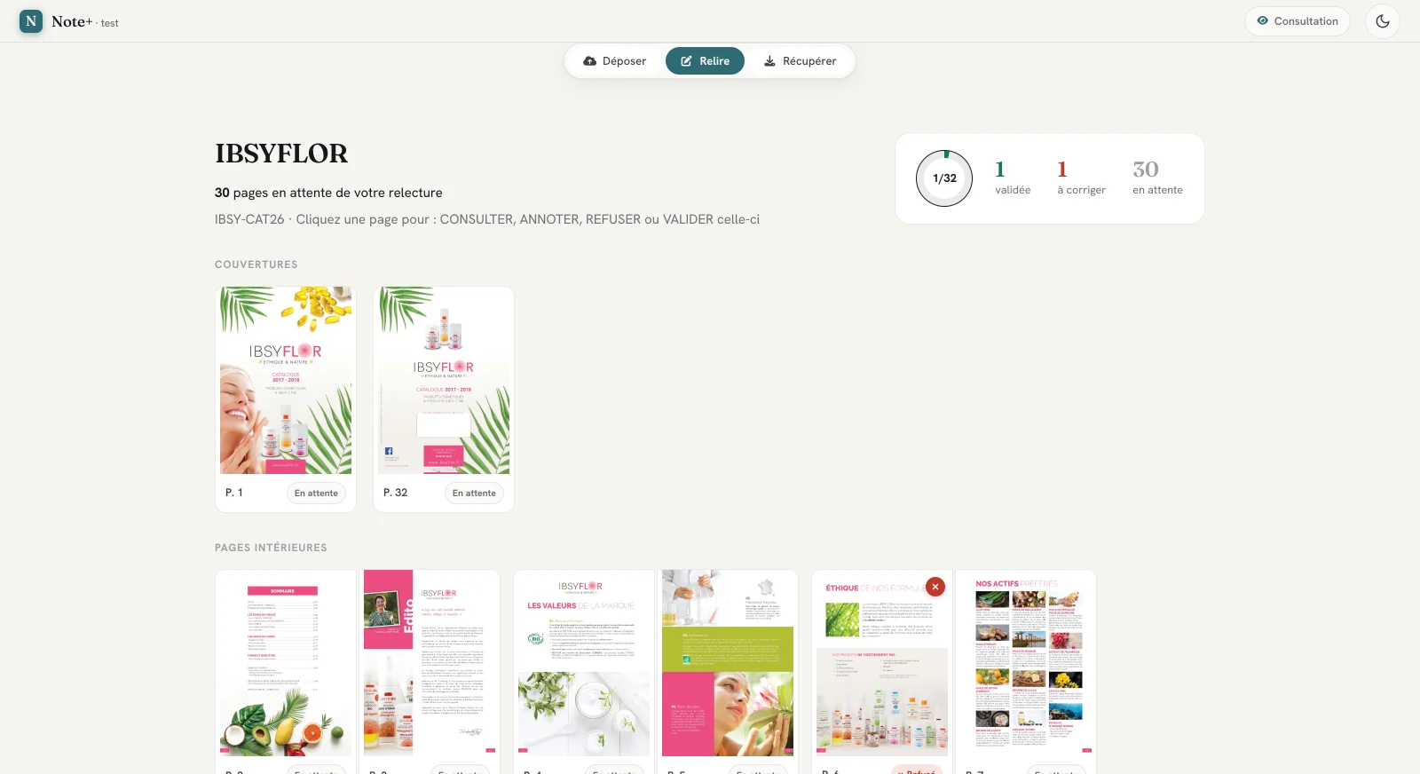 Écran de suivi côté client : pages validées, à corriger et en attente, en temps réel