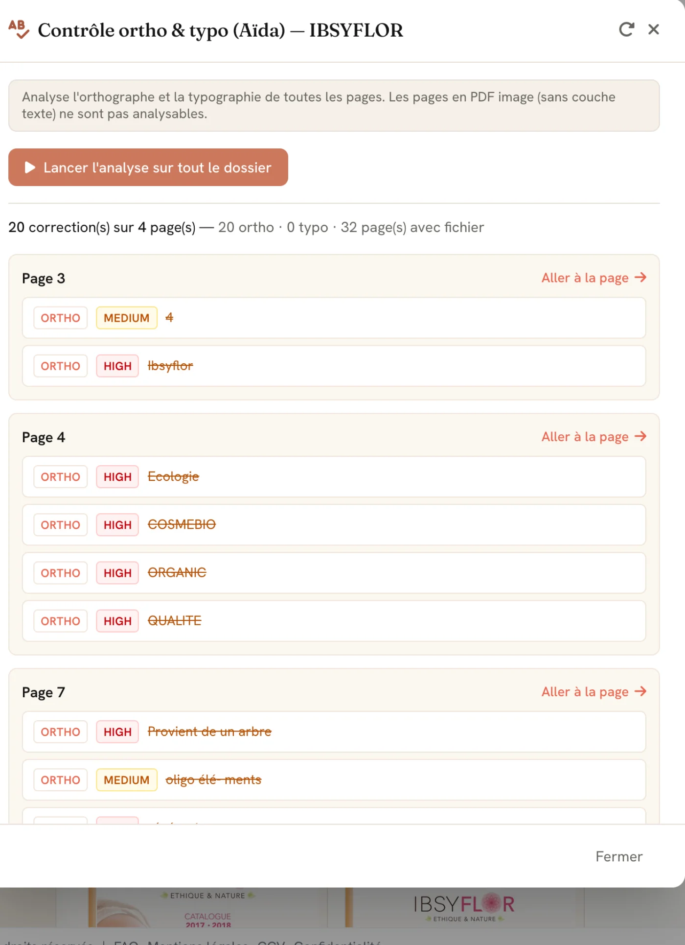 Contrôle orthographe et typo Aïda sur le dossier IBSYFLOR, corrections classées par page
