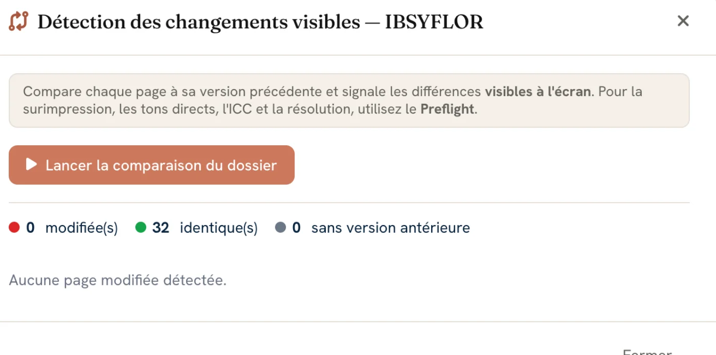 Diff pixel sur le dossier IBSYFLOR : détection des changements visibles entre deux versions, ici aucune différence sur les 32 pages