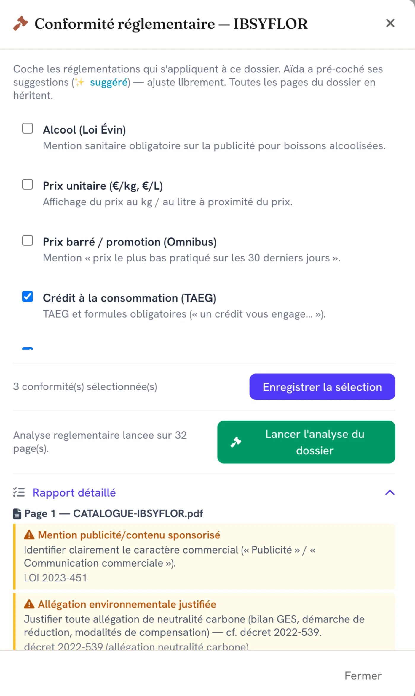 Contrôle de conformité réglementaire sur le dossier IBSYFLOR, avec le texte de loi ou de décret à l'appui de chaque écart