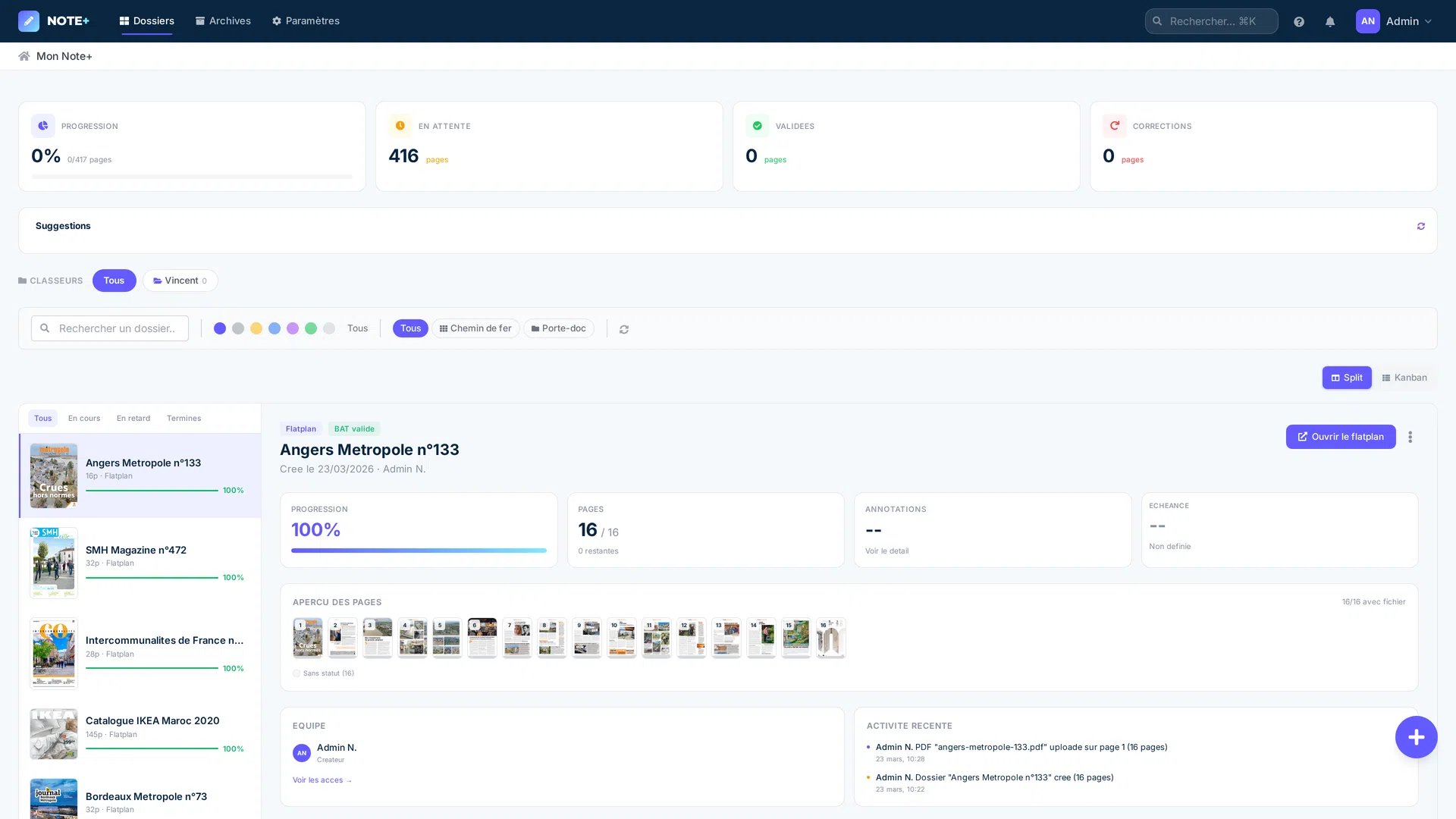 Dashboard Note+ — 4 vues : liste, chemin de fer, kanban, split