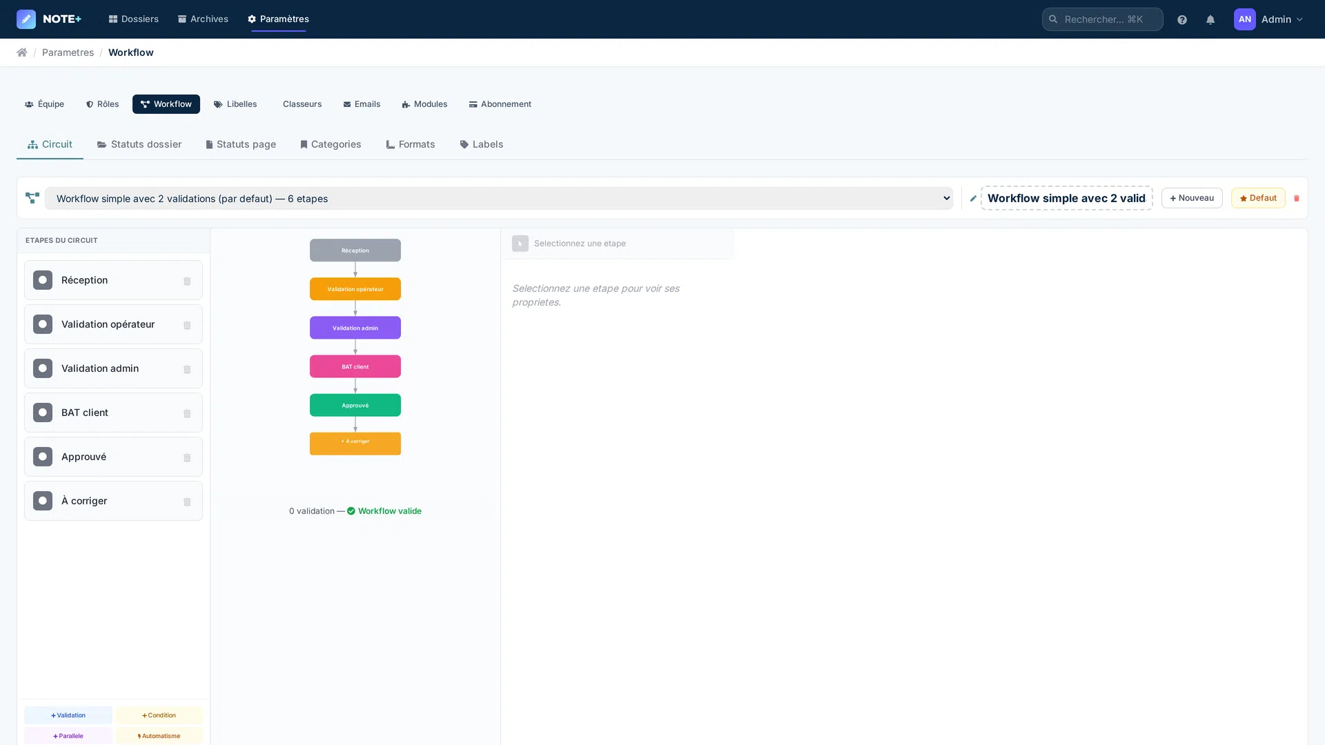 Workflow Note+ — paramètres, statuts et circuit de validation