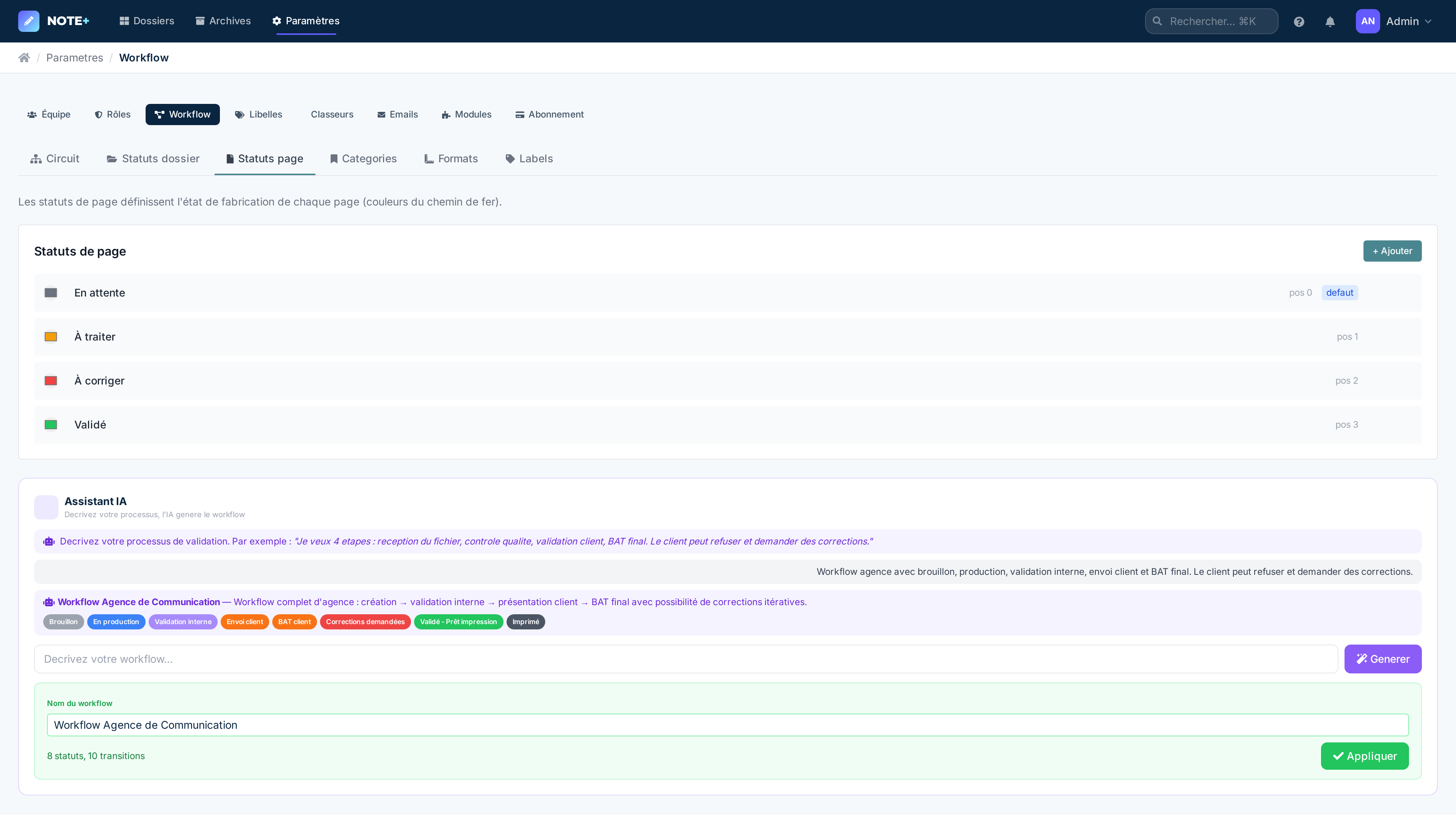 Assistant workflow IA — statuts generes automatiquement par l'IA à partir d'une description en langage naturel